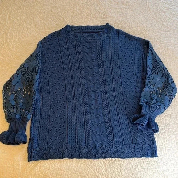 Knit Lacy Crochet Cable Sweater Womens Large Long Sleeves Blue Cottage Core Boho - Picture 1 of 16